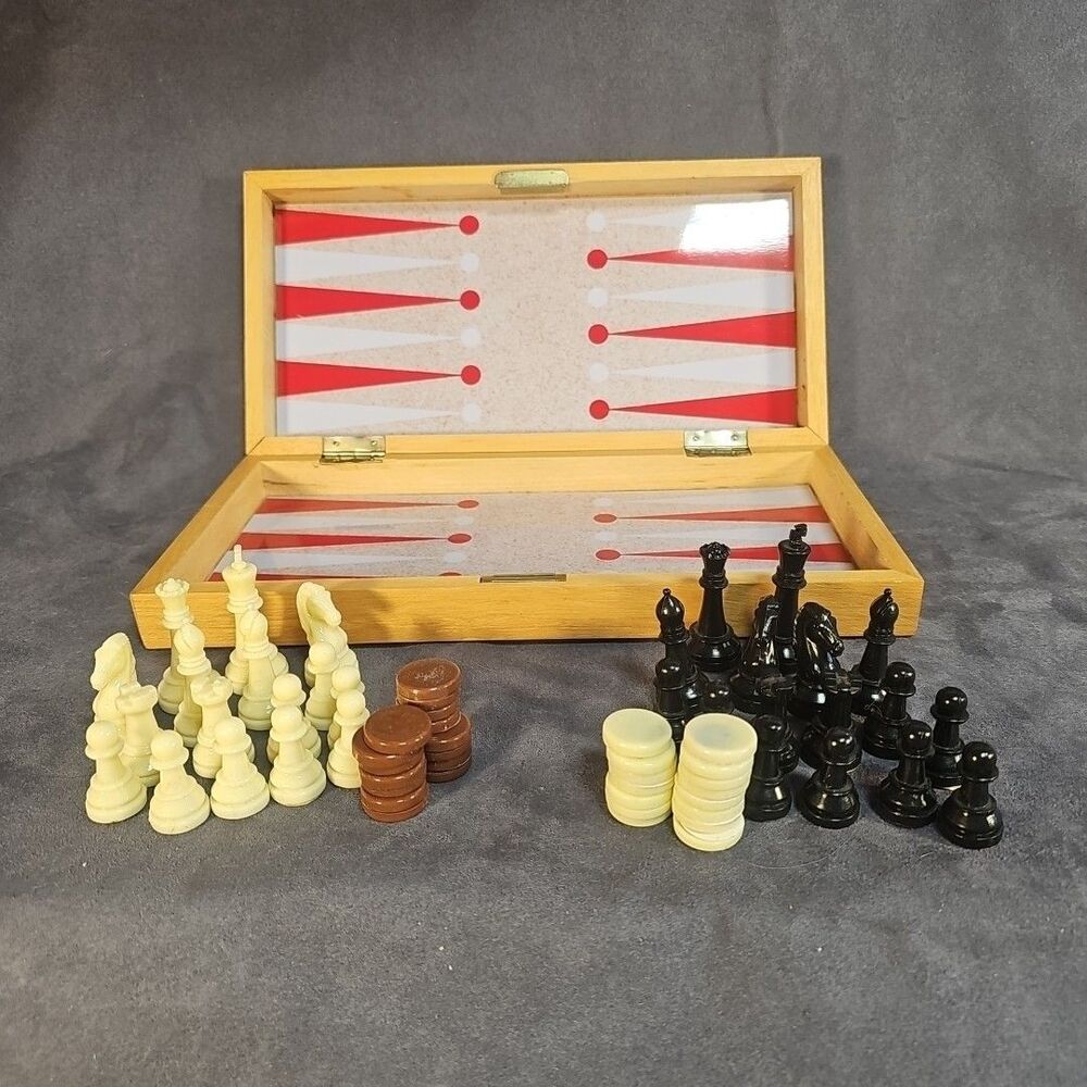 VTG Travel Backgammon Chess Set Wooden Folding Board Checkers Magnetic Pieces